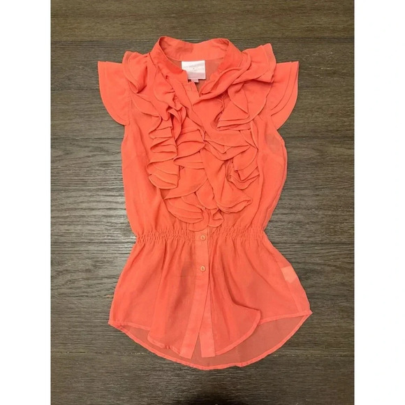 Blouse Romeo & Juliet Couture peach with ruffles and cinch waist size small - Picture 1 of 2